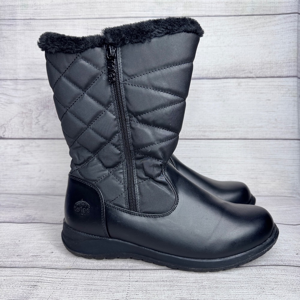 Totes Womens Black Quilted Mid Calf Winter Boots Faux Fur Trim Size‎ 8
